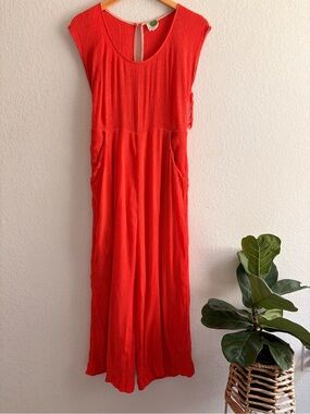 Anthropologie Abbey Jumpsuit Womens Orange Red Cap Sleeve Wide Leg Crop Sz 12